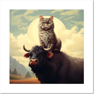 Feline Meets Bovine: Whimsical Cats and Gentle Cows Posters and Art